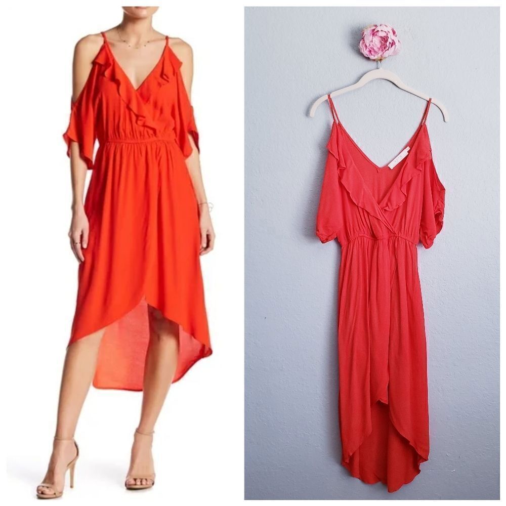 ASTR Red Ruffle Cold Shoulder Dress
